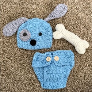 Blue Crochet Dog Hat and Diaper Cover Set
